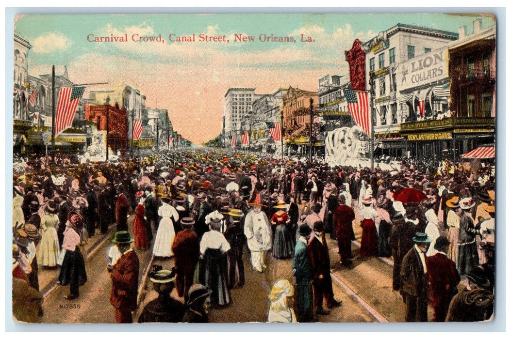 Carnival Crowd Scene At Canal Street New Orleans Louisiana LA Antique Postcard