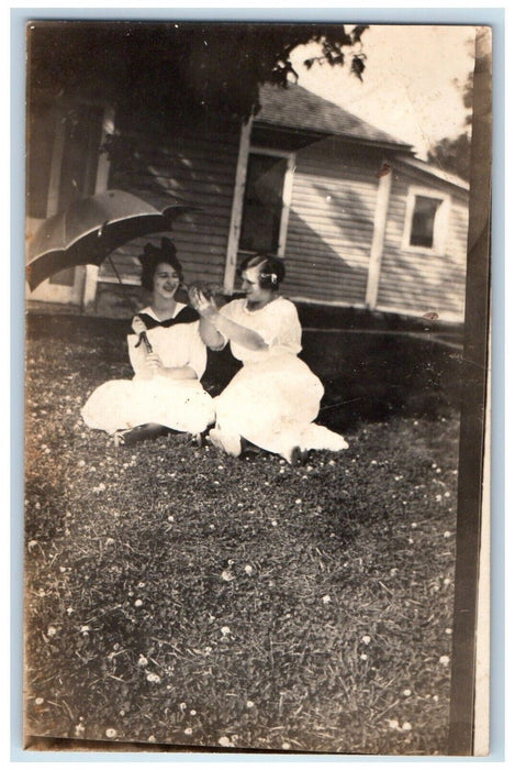c1910's Women Holding Kitten Umbrella Dresses Almont Iowa IA RPPC Photo Postcard