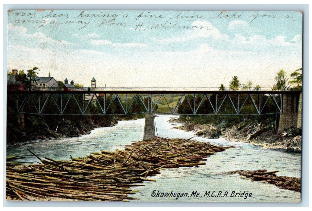 1907 M.C.R.R. Bridge Train Railroad Skowhegan Maine ME River Scene Postcard
