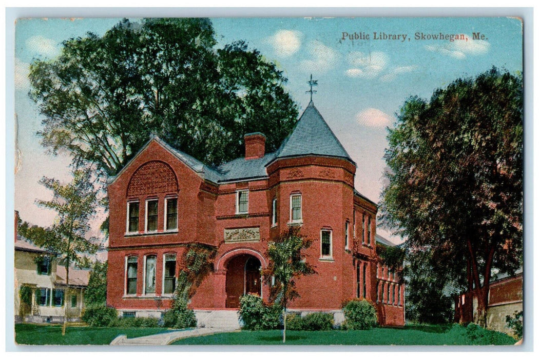 Public Library Building Exterior Scene Skowhegan ME, Street Trees Postcard