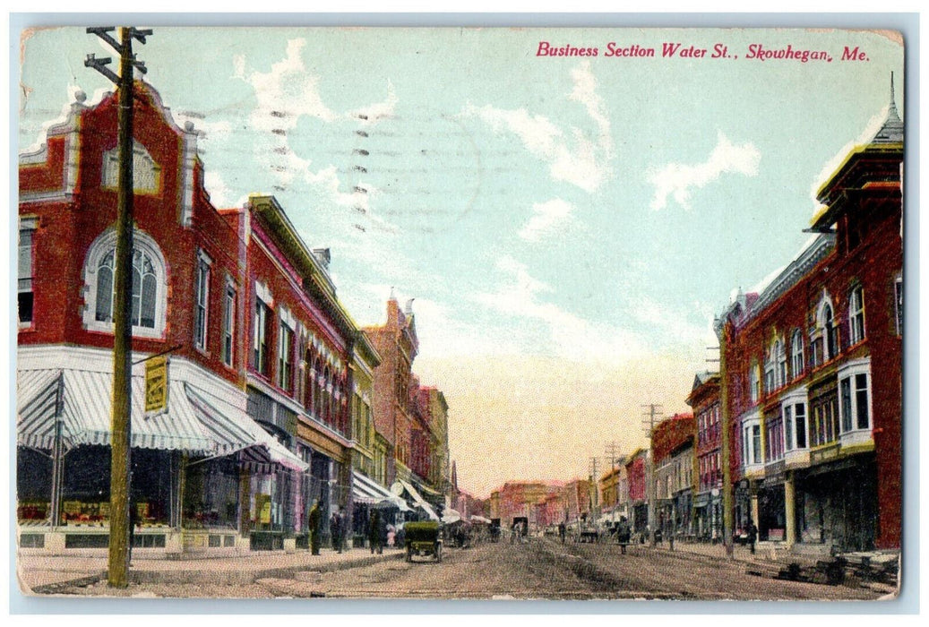 1910 Business Section Water St., Skowhegan Maine ME, Car Shops Scene Postcard
