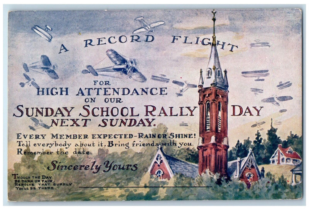 c1920's A Record Flight Sunday School Rally Day Illinois IL Unposted Postcard