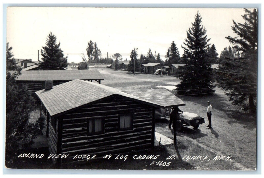 c1940's Island View Lodge 39 Log Cabins St. Ignace MI RPPC Photo Postcard