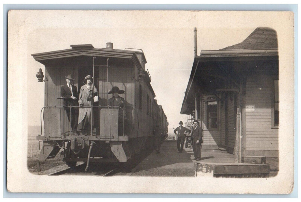 c1910's Candid Railroad Train Men Women Caboose Wells Fargo RPPC Photo Postcard
