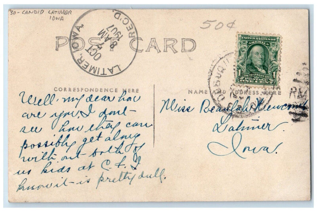 1907 Candid Latimer Iowa IA, Franklin County RPPC Photo Posted Antique Postcard
