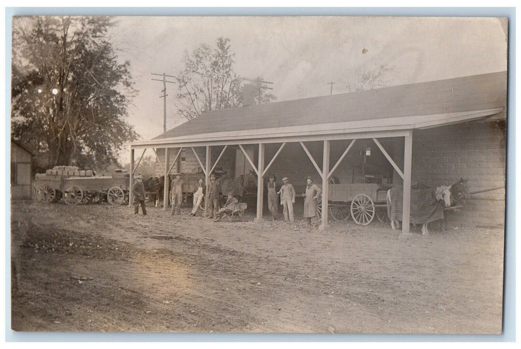 c1910's Horse & Wagon Barn Workers Wheelbarrow RPPC Photo Postcard