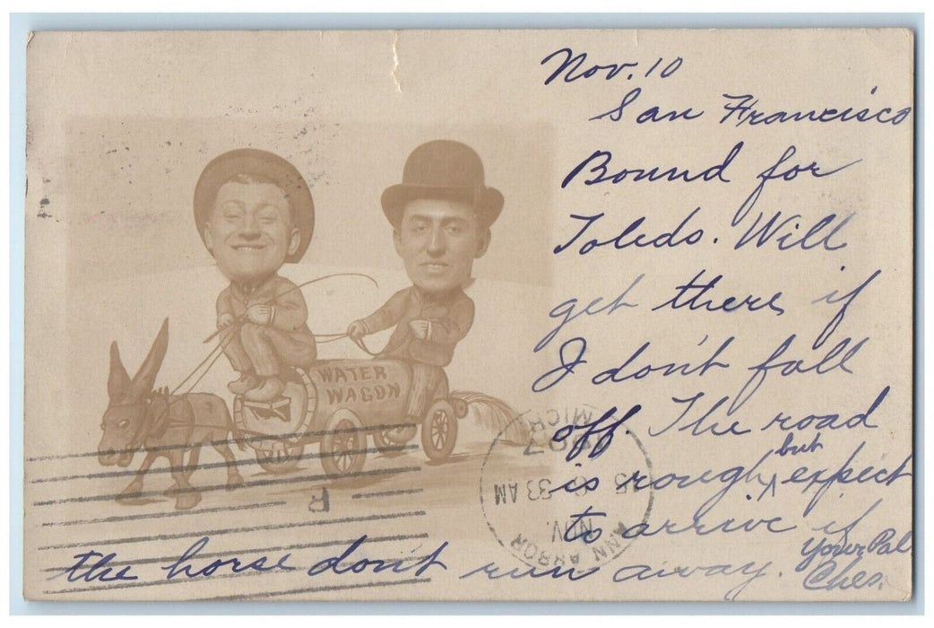 1907 Comic Water Wagon Donkey Studio Funny Caricature CA RPPC Photo Postcard