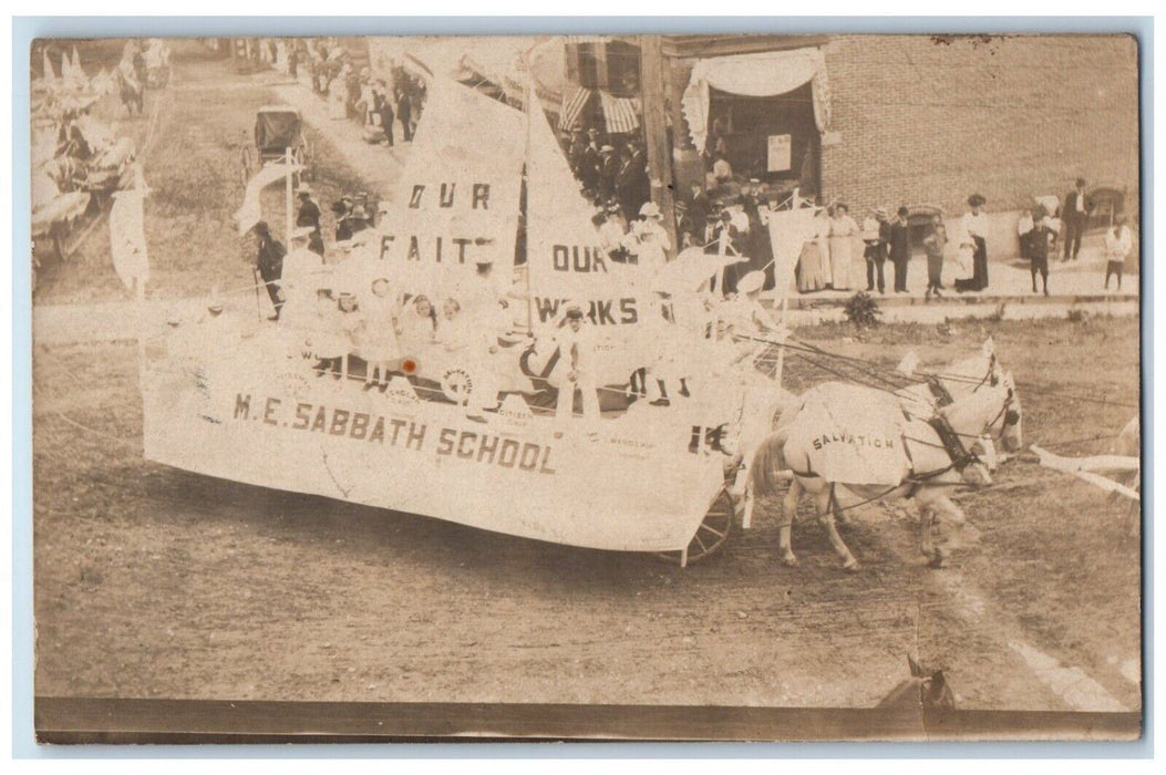 Parade Float Wagon Horse M.E. Sabbath School Cattaraugus NY RPPC Photo Postcard