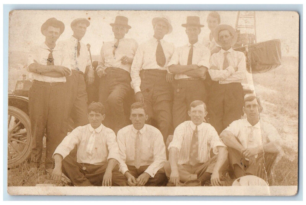 1915 Group Men Woman Automobile Tower Shawnee Ohio OH RPPC Photo Postcard