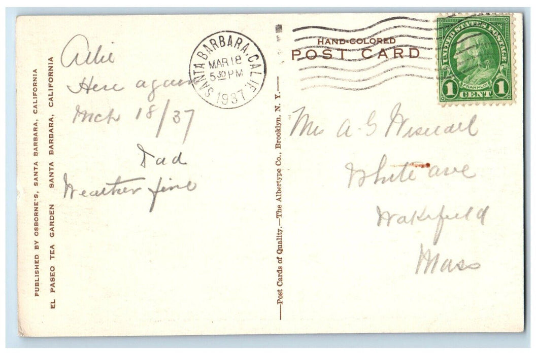 1937 El Paseo Tea Garden Restaurant Interior Santa Barbara California Postcard