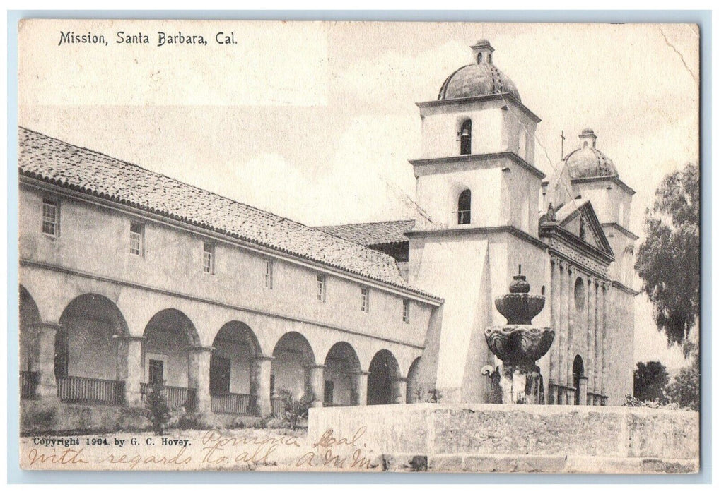 1909 Mission Exterior Building Fountain Field Santa Barbara California Postcard