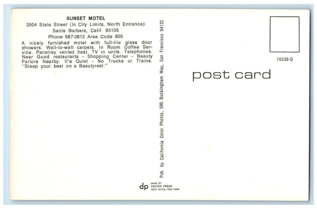 c1960 Sunset Motel State Street City Limits Santa Barbara California CA Postcard