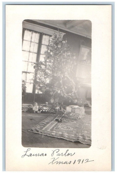 1912 Christmas Tree Toys Doll Train Room Interior Orange NJ RPPC Photo Postcard