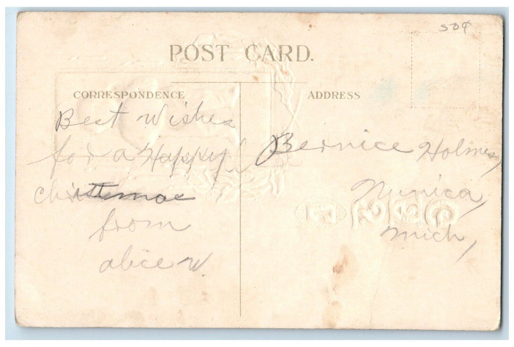 c1910's Christmas Little Boy Holding Ball Holly Berries Candles Posted Postcard