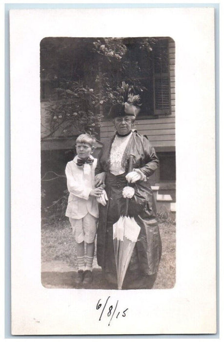 1915 Old Woman Boy Child Umbrella Bow Tie New Providence NJ RPPC Photo Postcard