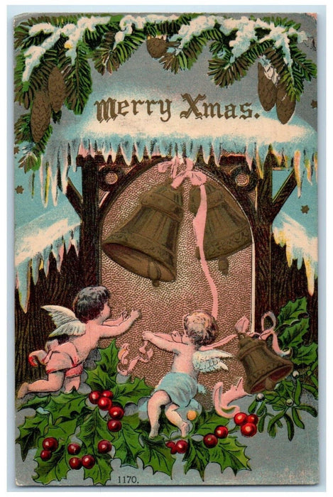 c1910's Christmas Angels Ringing Bells Holly Berries Pine Cone Embossed Postcard