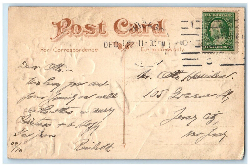 c1910's Christmas Angels Ringing Bells Holly Berries Pine Cone Embossed Postcard