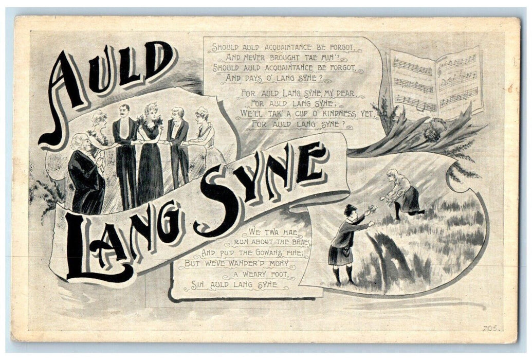 c1910's Auld Lang Syne Song Notes Couples Holding Hands Unposted Postcard