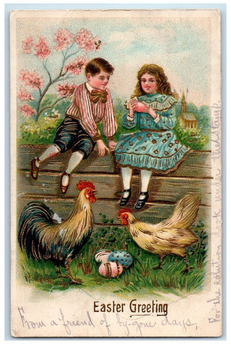 c1910's Easter Greetings Children Sat On Fence Rooster Chicken Eggs Postcard