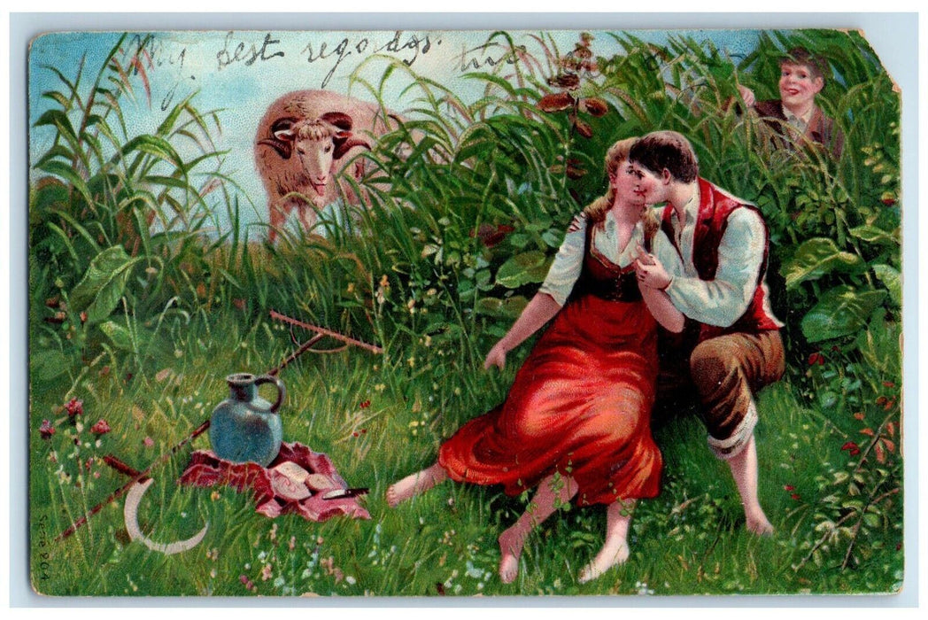 1906 Sweet Couple Kissing Romance Picnic Peeping Tom Pittsburg PA Postcard