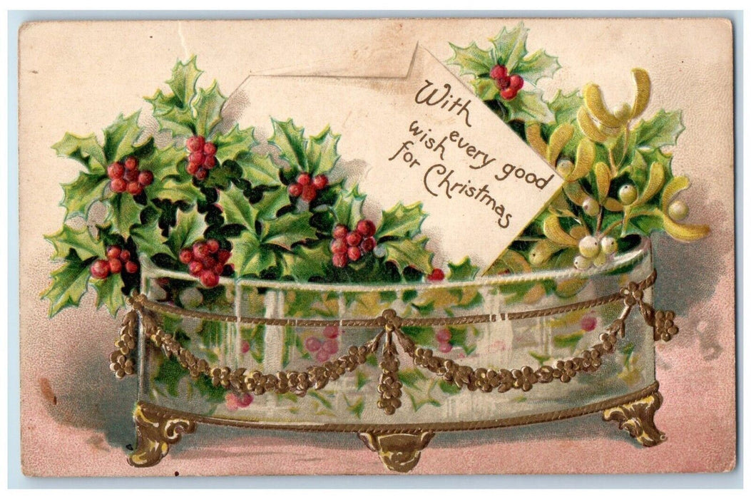c1905 Christmas Holly Berries Mistletoe Clapsaddle Embossed Antique Postcard