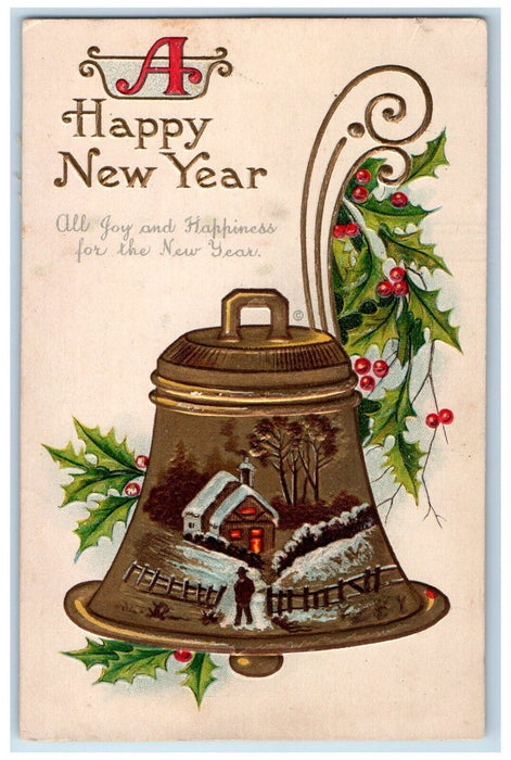 c1910's Happy New Year Ringing Bell Holly Berries Embossed Antique Postcard