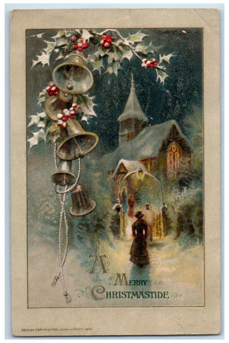 c1910s Merry Christmas Ringing Bells John Winsch Artist Signed Embossed Postcard
