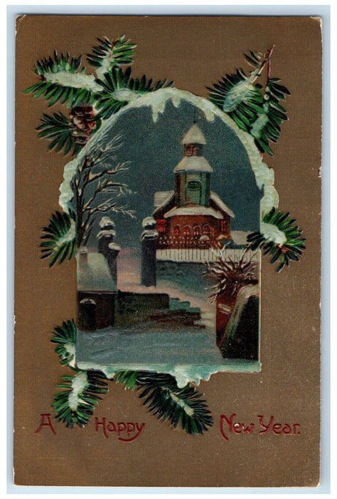 c1910's Happy New Year Pine Cone House Winter Winsch Back Embossed Postcard