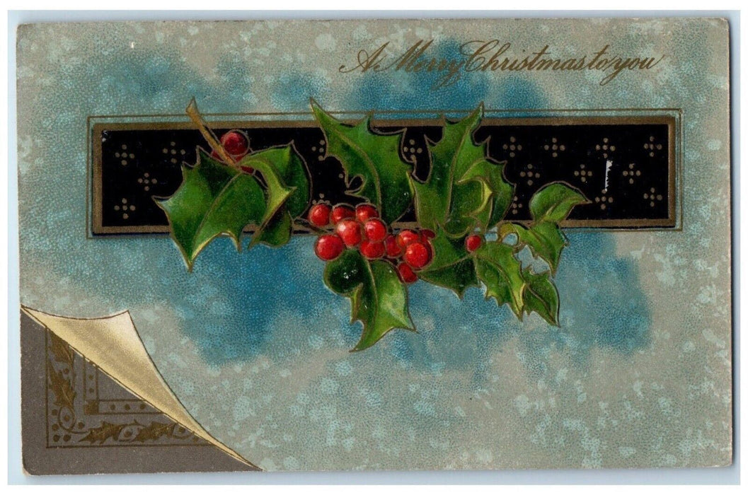 1908 Christmas Holly Berries Winsch Back Embossed Wheeling WV Antique Postcard