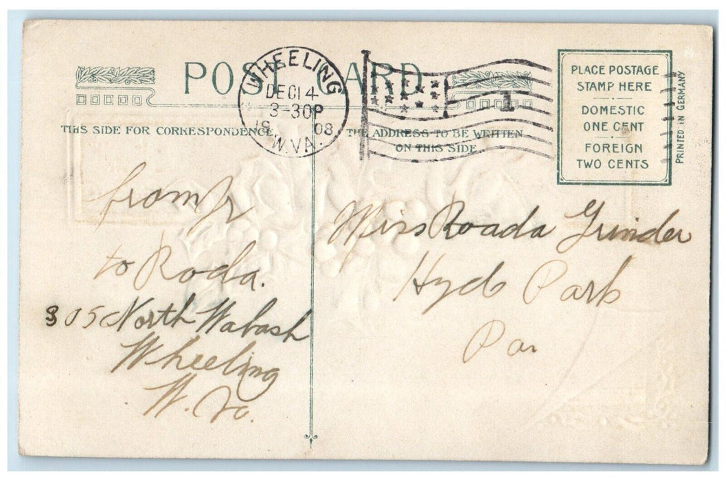 1908 Christmas Holly Berries Winsch Back Embossed Wheeling WV Antique Postcard