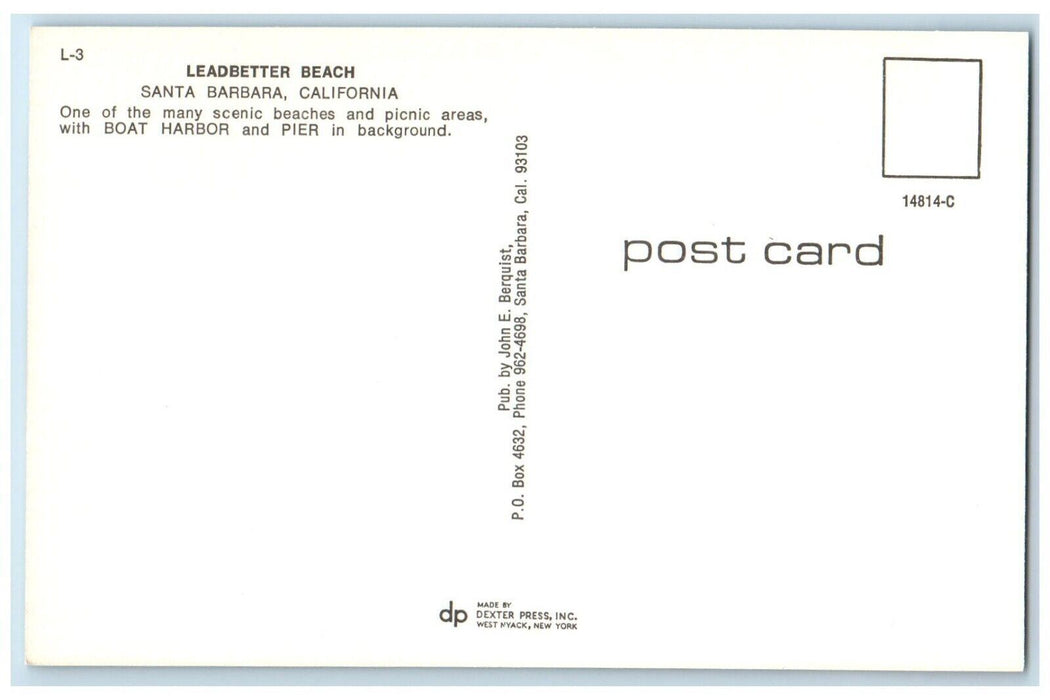 c1960 Leadbetter Beach Boat Harbor Pier Picnic Santa Barbara California Postcard