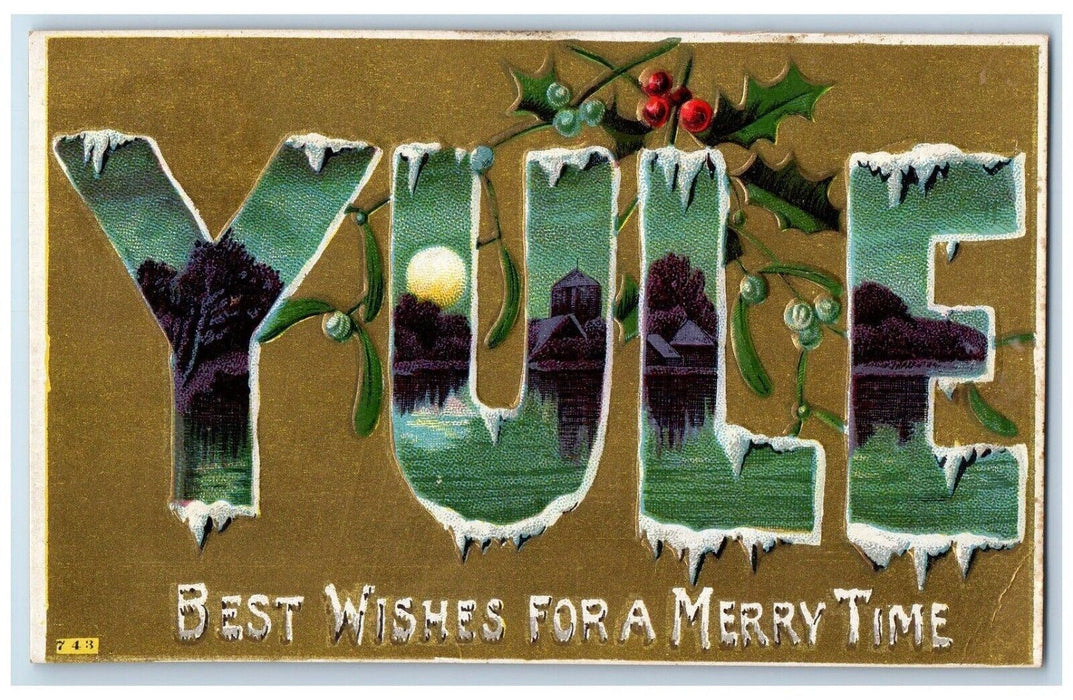 c1910's Christmas Yule Holly Berries Mistletoe Large Letters Embossed Postcard