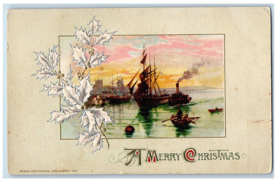 c1910's Christmas Holly Berries Schooner Boat John Winsch Artist Signed Postcard