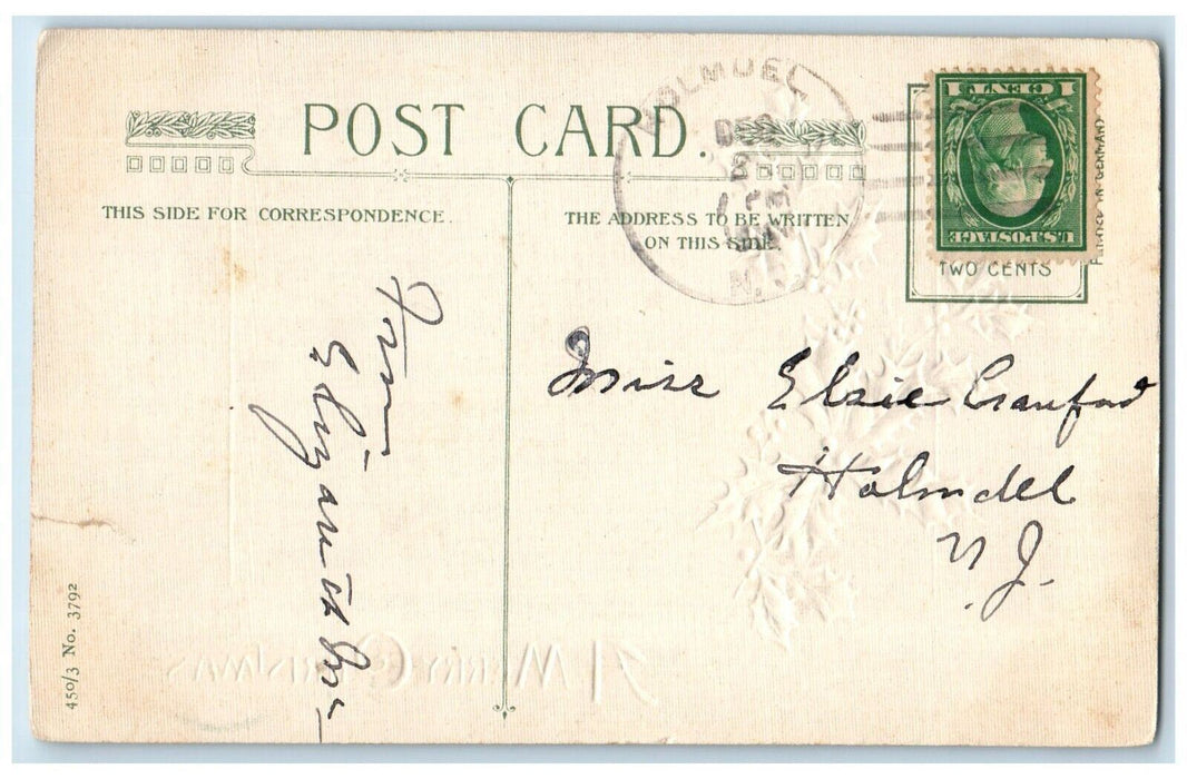 c1910's Christmas Holly Berries Schooner Boat John Winsch Artist Signed Postcard