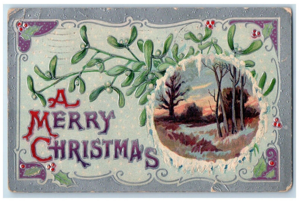 1910 Christmas Mistletoe Winter And Trees Embossed Philadelphia PA Postcard