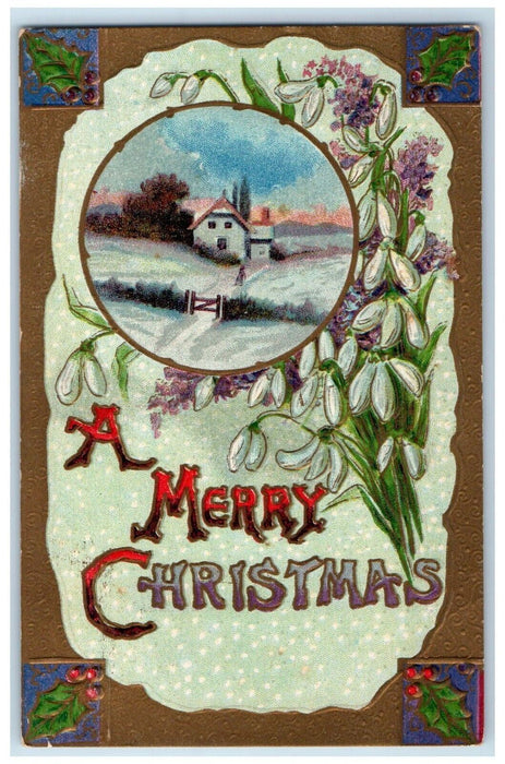 1910 Merry Christmas Flowers House Winter Embossed Halifax PA Antique Postcard