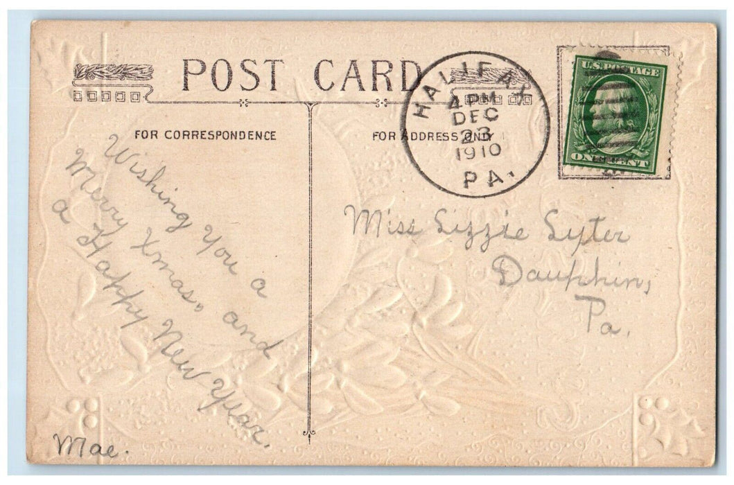 1910 Merry Christmas Flowers House Winter Embossed Halifax PA Antique Postcard