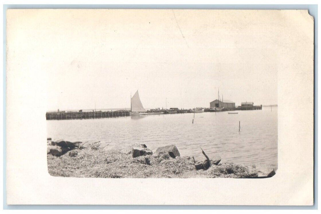 c1910's Shoreline Boathouse Sailboat View New London CT RPPC Photo Postcard