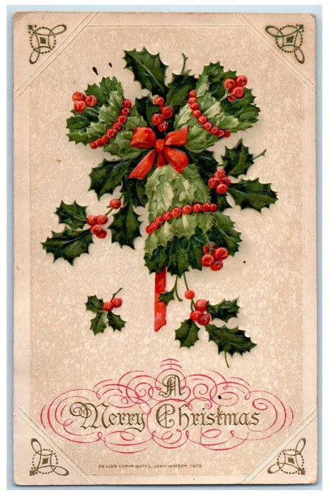 1915 Christmas Holly Berries Ringing Bells John Winsch Danville KY Postcard