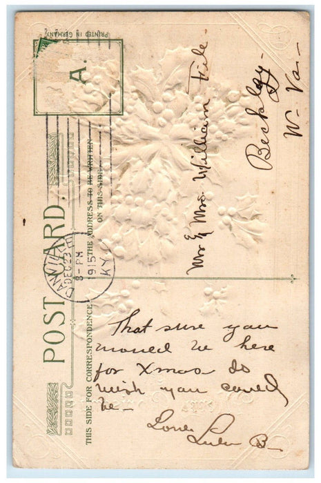 1915 Christmas Holly Berries Ringing Bells John Winsch Danville KY Postcard