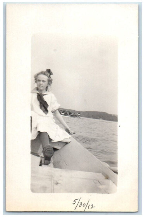 1912 Girl Sailor Suit Boat Bow Lake Hopatcong New Jersey NJ RPPC Photo Postcard