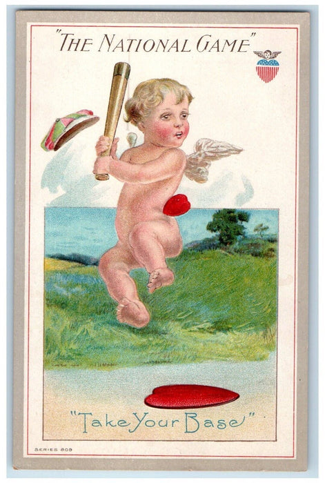 c1910's Valentine Cupid Angel Baseball Take Your Base Embossed Antique Postcard