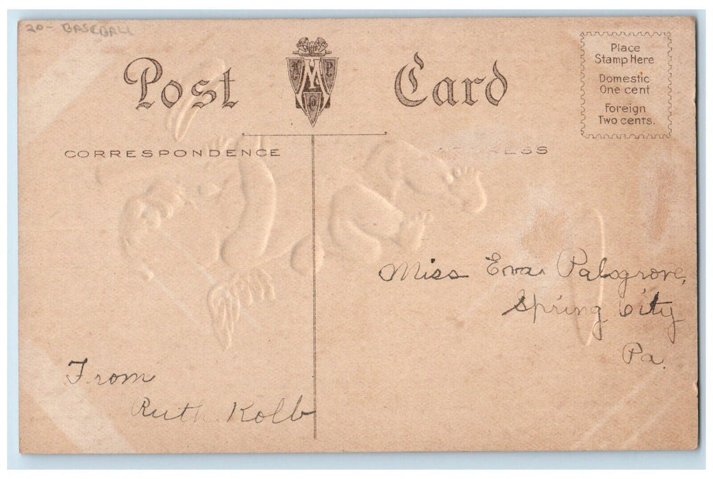 c1910's Valentine Cupid Angel Baseball Take Your Base Embossed Antique Postcard