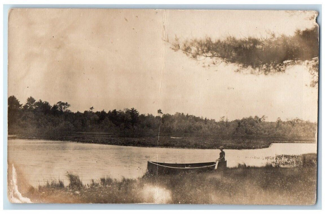 c1910's Lake Winnecunnet Pond Canoe Woman View Norton MA RPPC Photo Postcard