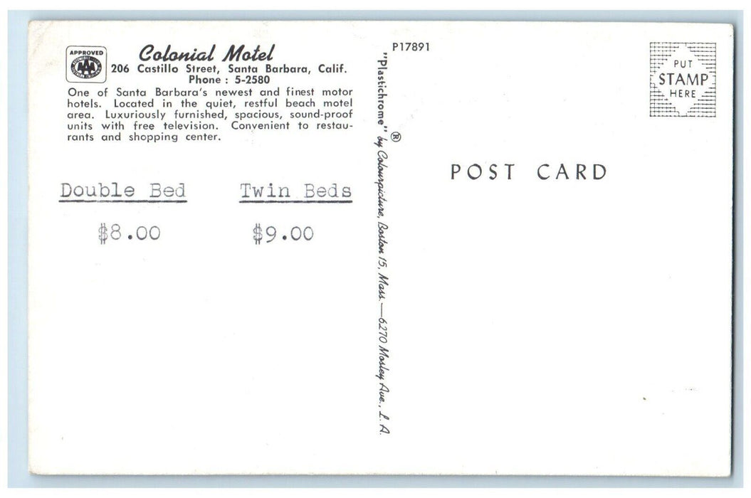 c1960 Colonial Motel Castillo Street Exterior Santa Barbara California Postcard