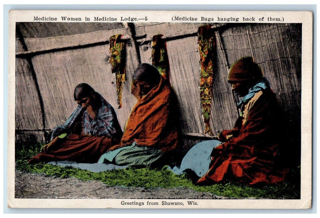 Greetings From Shawano WI, Indians Medicine Women Medicine Lodge Bag Postcard