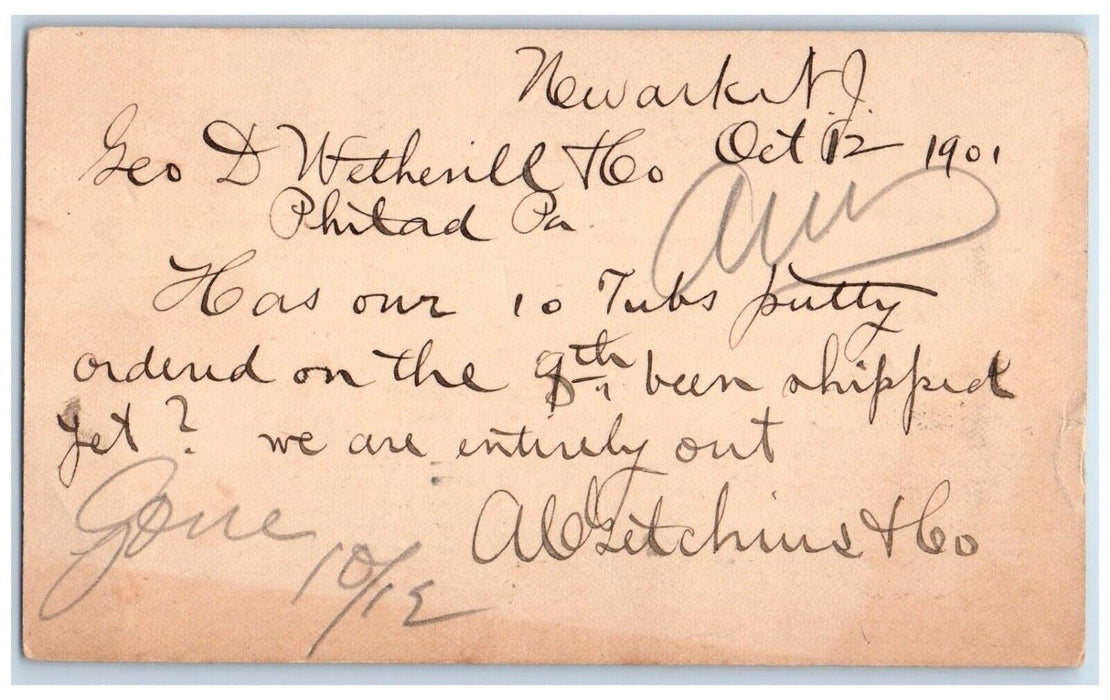 1901 Invoice 10/9 Wall Order Geo D Whetherill Newark NJ Phila PA Postal Card