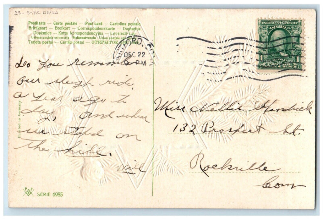 c1910's Christmas Star David Pine Cone House Winter Embossed Antique Postcard