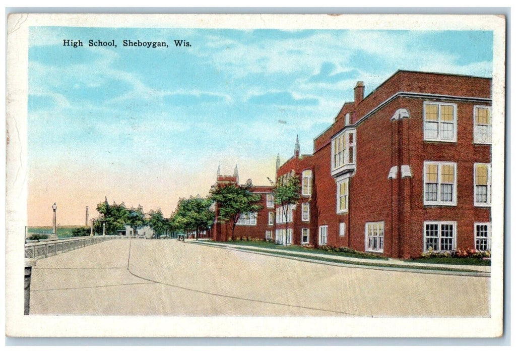 1949 High School Building Car Scene Street Sheboygan Wisconsin WI Postcard