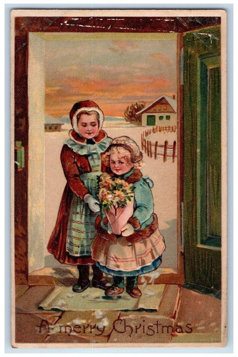 1908 Merry Christmas Mother And Daughter With Flowers Winter Embossed Postcard